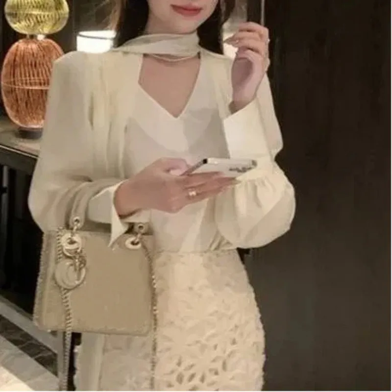 Women Black V Neck Blouse With Necktie Design Long Sleeve Loose Retro Elegant Casual Top For Spring Autumn