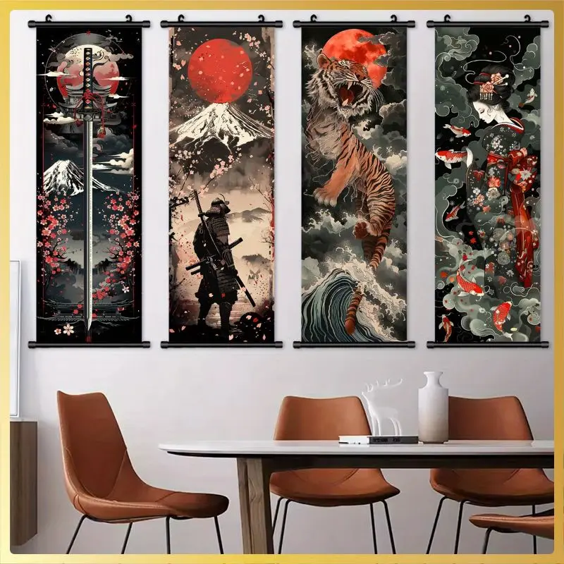 VIKAMA Noir Crimson Bushi Tiger Geisha Wall Tapestry Scarlet Sun Fuji Zoro Koi Japanese Scroll Art Home Decor Cozy Soft Durable