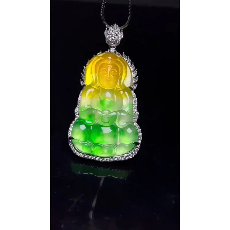 Natural Green Perfect Ice Jade Jadeite guanyin Pendant&Necklace Certified