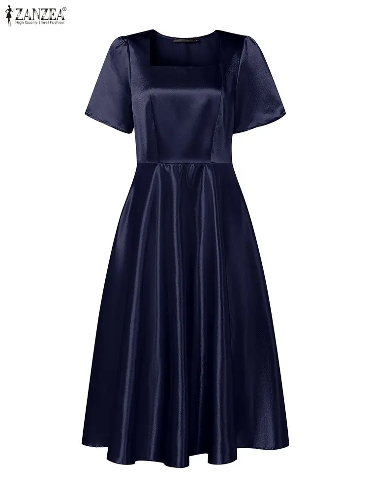 ZANZEA Elegante A-lijn Feestjurk Vrouwen Jurken 2025, Vierkante Hals Bloemblaadje Mouw Zonnejurk Getailleerde Satijnen Gewaad Effen OL Werk vestidos