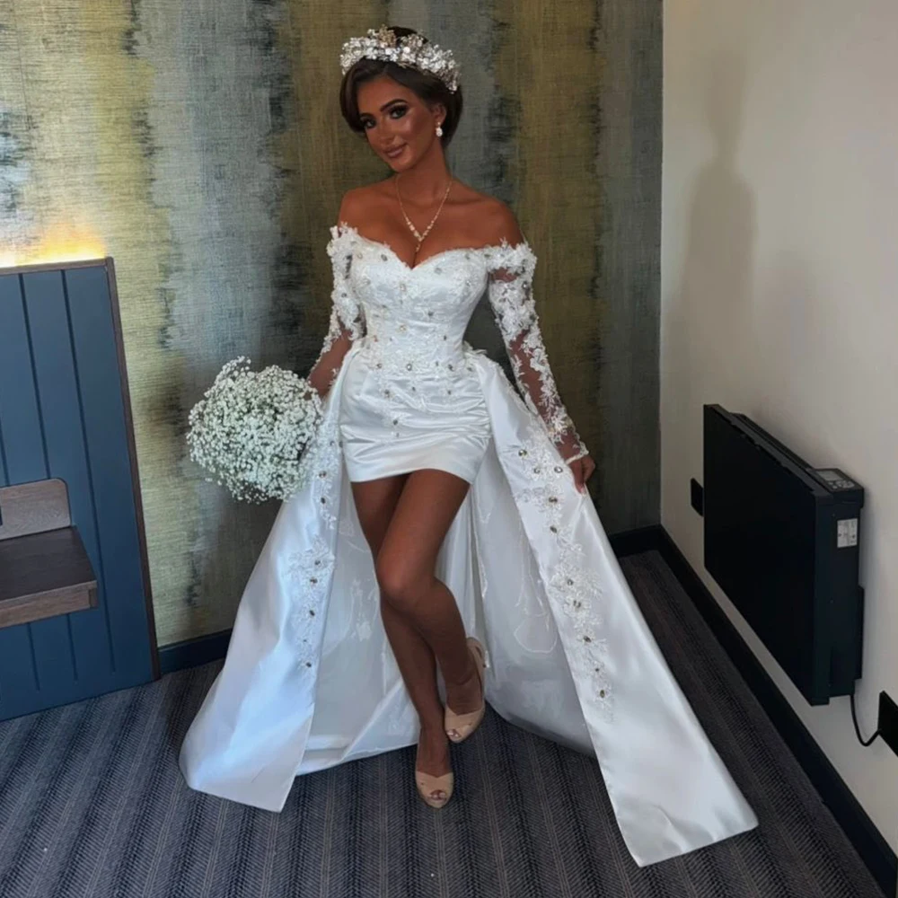 Customized Modern Wedding Dress White Satin Off the Shoulder Luxury Wedding Gowns Crystal Applique Long Sleeves Bridal Dresses