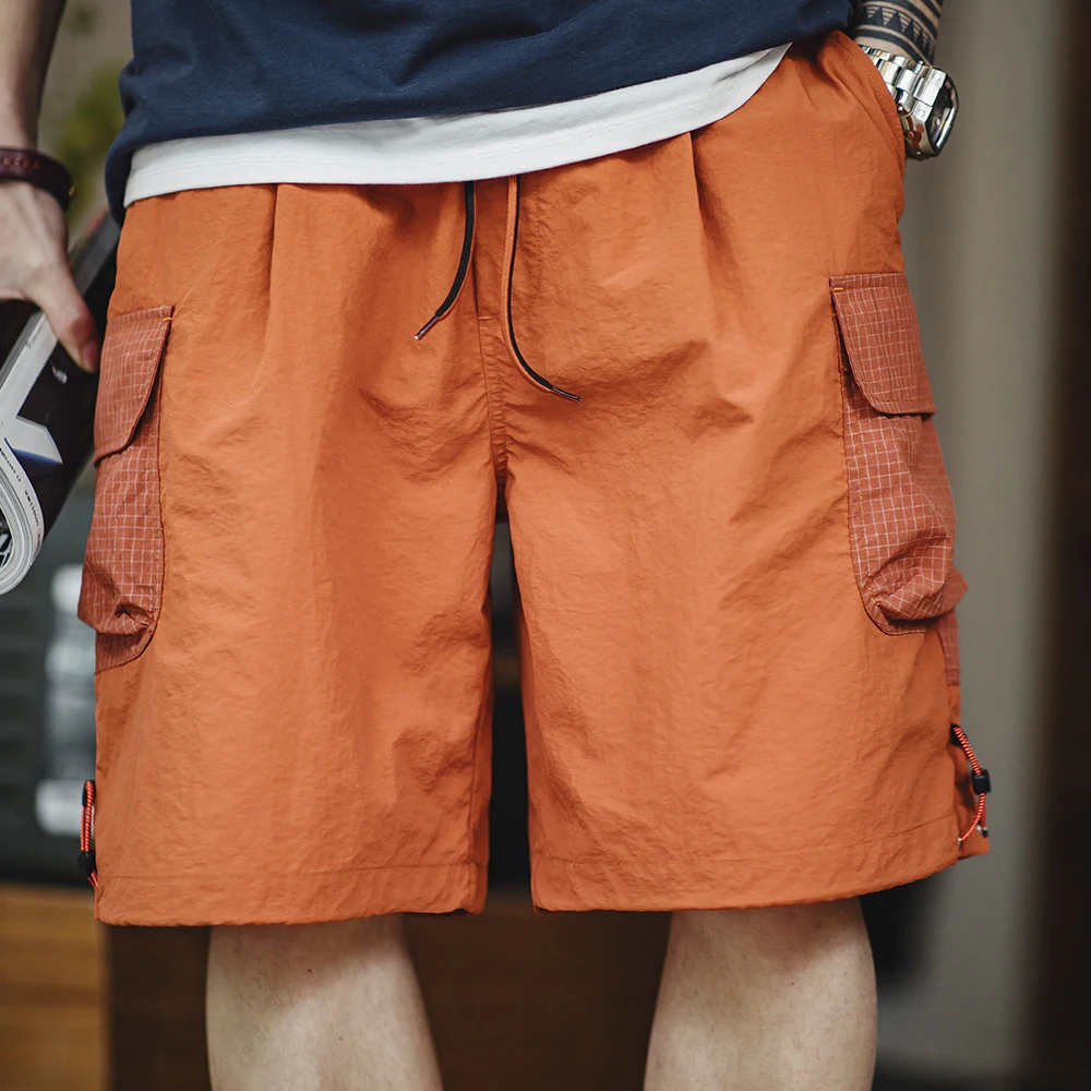 Maden Summer Men Straight Shorts Orange Patchwork Gingham Loose Beach Pants Plus Size Shorts Elastic Waist Light Breathable