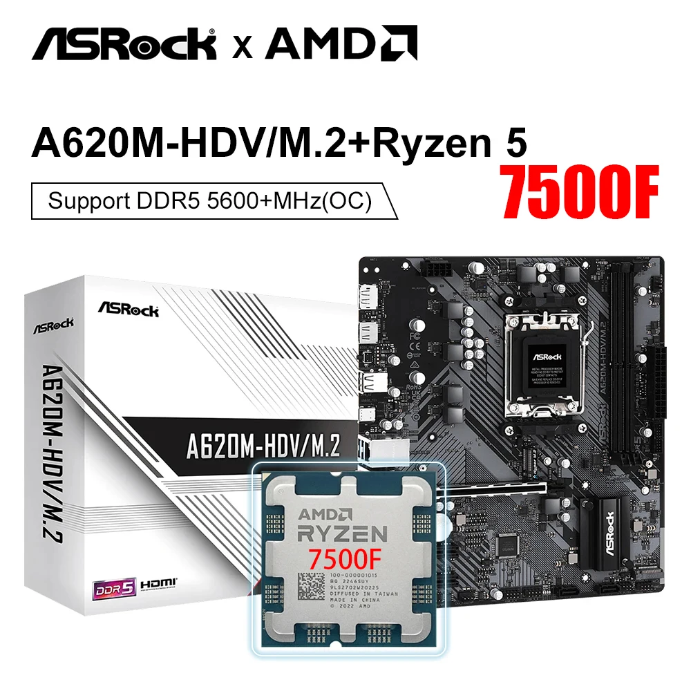 Новый комплект AMD Ryzen 5 7500F процессор CPU + ASRock A620M-HDV/M.2 новая материнская плата Micro-ATX A620 DDR5 AM5 комплект материнских плат