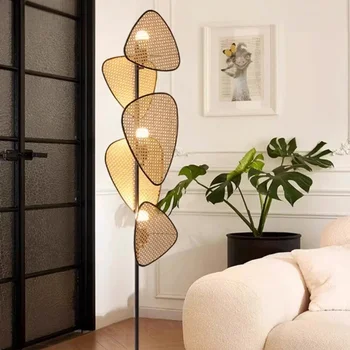 북유럽 미니멀리즘 라탄 아트 LED 플로어 램프, 거실 소파 스탠드 조명, 침실 침대 옆 램프, 홈 장식 광택 비품 