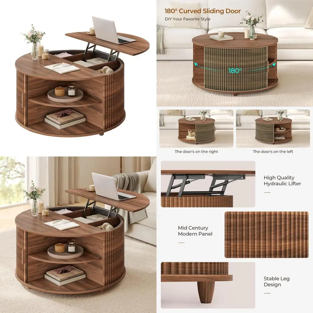 

Журнальный столик из орехового дерева с изогнутой раздвижной дверцей, скрытым хранением и открытыми полками для гостиной или офиса