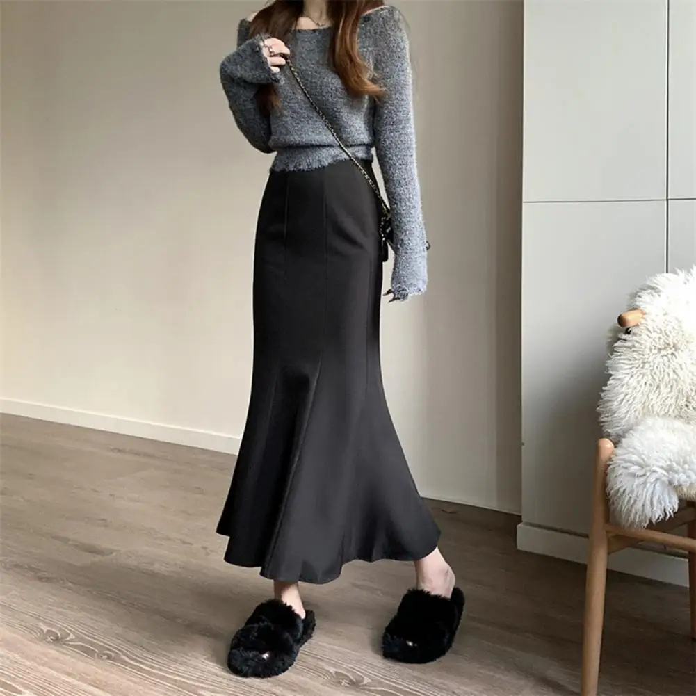 

High-waisted Long Skirt Women Skirt Elegant Fishtail Maxi Skirt with Ruffle Trim High Waist Elastic Band Solid Color for Office