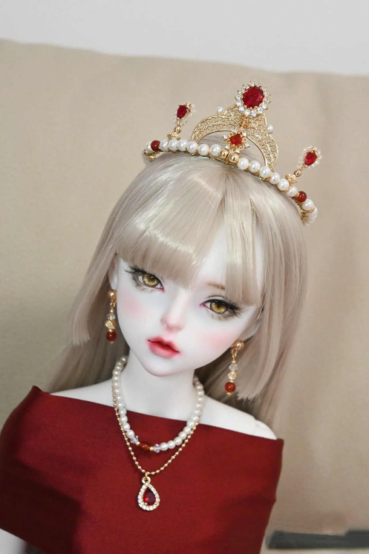 European And American Style Toy Jewelry, 1/3 1/4 Bjd Doll Copper Gold-Plated Headdress, Beaded Red Agate Crown Earrings Necklace