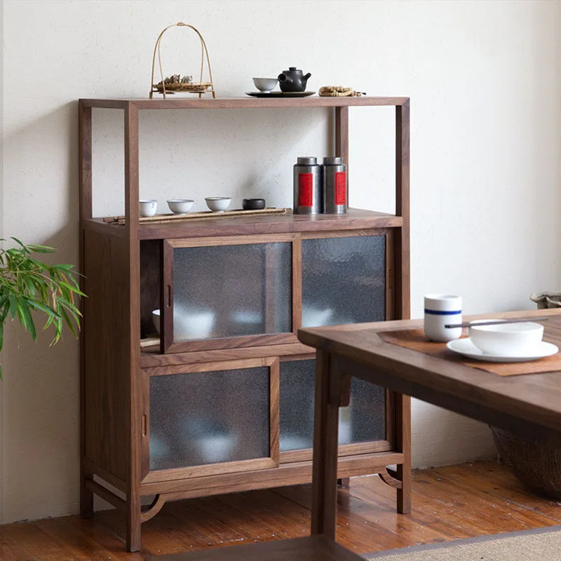 Breiter Holzschrank mit schmaler Arbeit, neuer chinesischer Beistellschrank, schwarzes Walnussholz, Kirschholz, Massivholz, Aufbewahrungsschrank, einfacher Teeschrank, Esszimmerkabine
