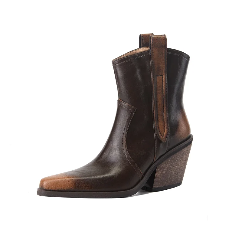 

Women Western Boots Chunky Heel Street Shoes Handmade Women's Vinntage Western Mid-Calf Leather Botas Cowgirl Boots