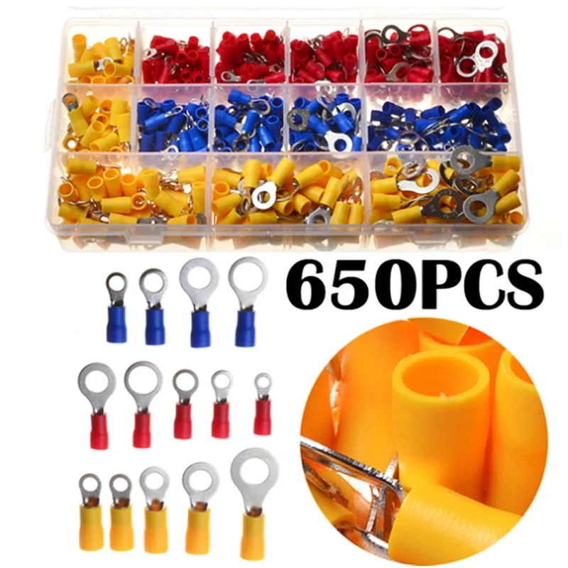 

650Pcs Insulated Red&Blue&Yellow Ring Terminals Wire Cable Electrical Crimp Connectors 22-10 AWG Kit M4/M5/M6/M8