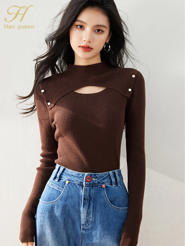 H Han Queen 2024 Autumn Winner Korean Hollow Out Pullovers Sweaters Women Vintage Casual Women\'s Clothing Basic knitted Tops