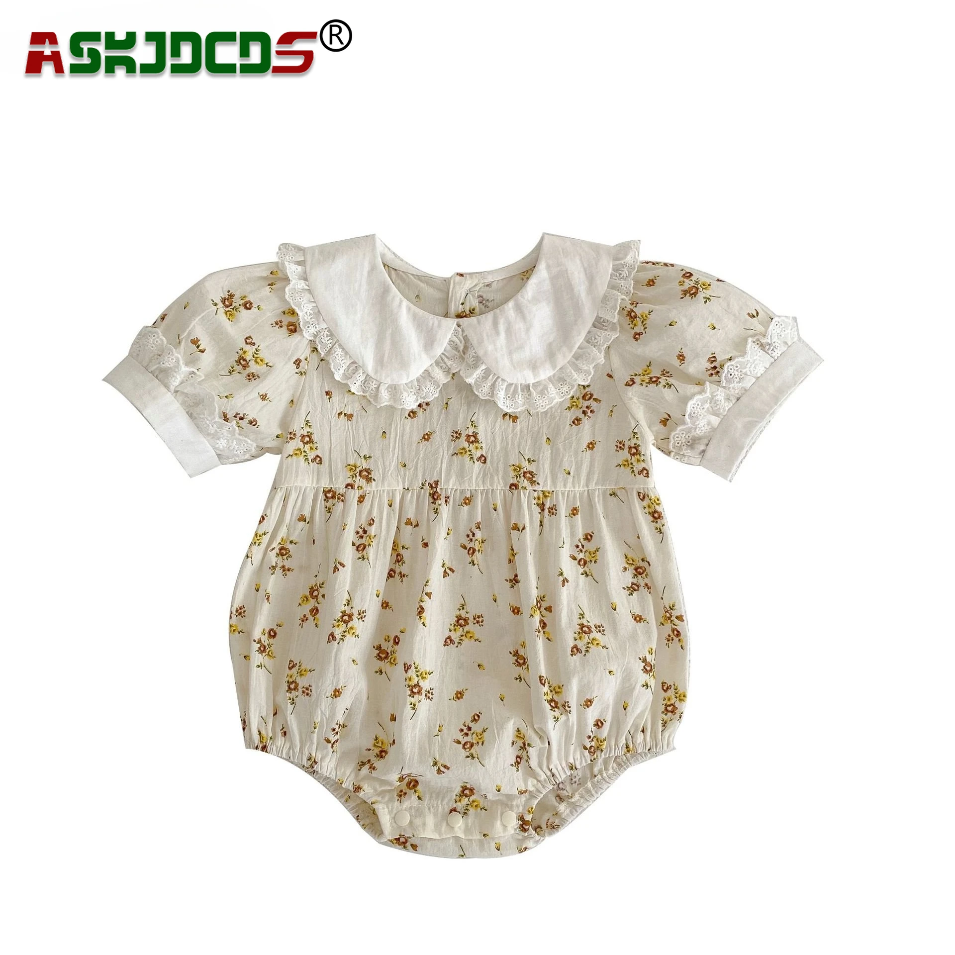 

2024 Fresh Infant Baby Girls Peter Pan Collar Flower Outfits Short Sleeve Jumpsuits Kids Newborn Pretty Princess Lace Bodysuits