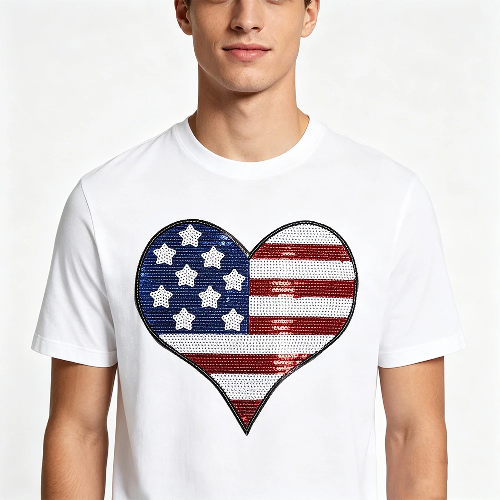 Herzförmiger USA-Flaggen-Pailletten-Aufnäher zum Aufbügeln, Glitzer-Sterne-Streifen-Applikation, Unabhängigkeitstag, T-Shirt, Jeans, Tasche, dekorativer Aufnäher – Detail 4