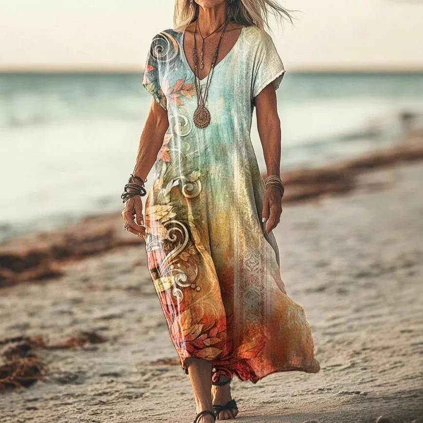 

2025 Summer Women's Dress Short-sleeved Retro Shuttle Printed V-neck Casual Fashion Beach Long Skirt