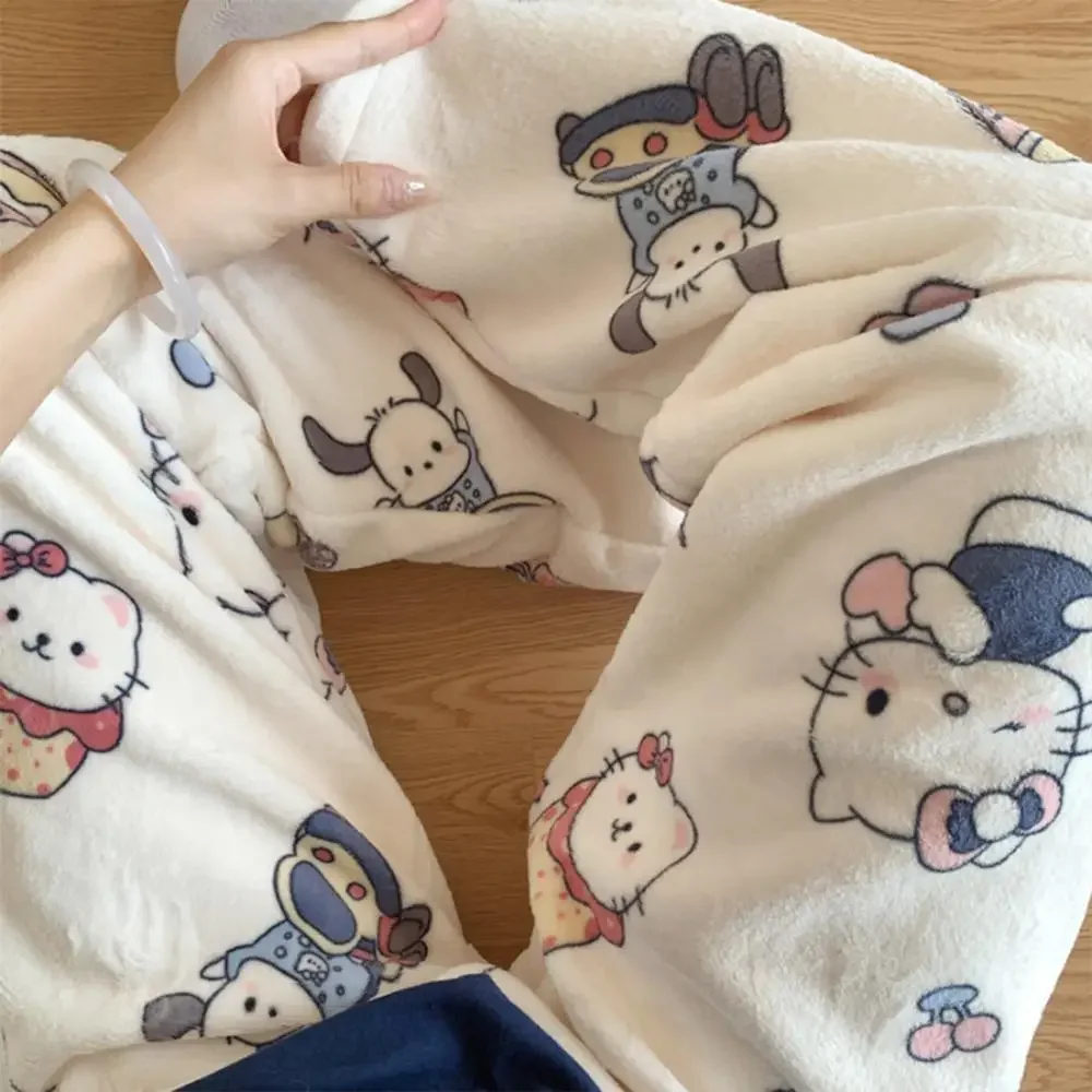 Sanrios Hello Kitty Kuromi Plush Pajama Pants Anime Kawaii Hangyodon Winter Warm Home Clothes Thicken Trousers Cute Loose Soft