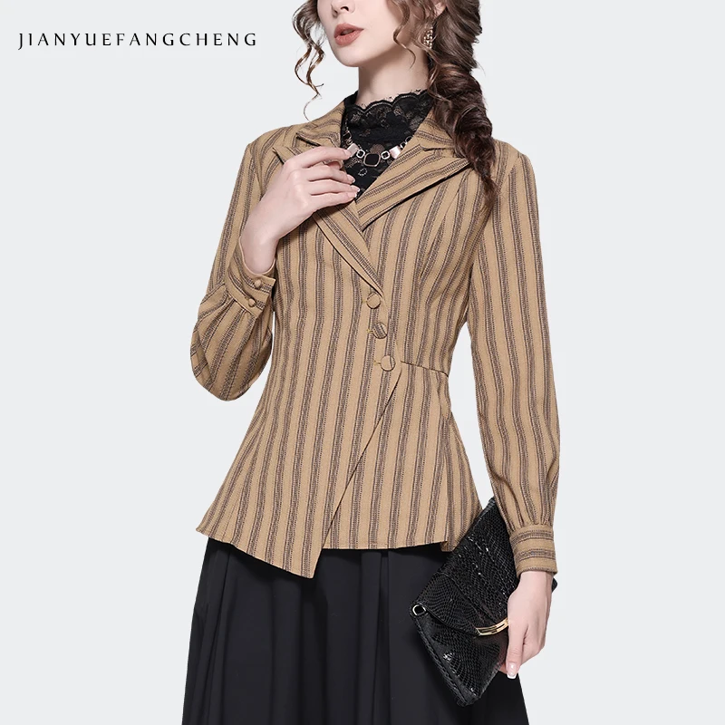 

2023 Autumn Women Suit Collar Khaki Striped Blouse Long Sleeve Asymmetrical Shirts Vintage Casual Office Ladies Working Tops