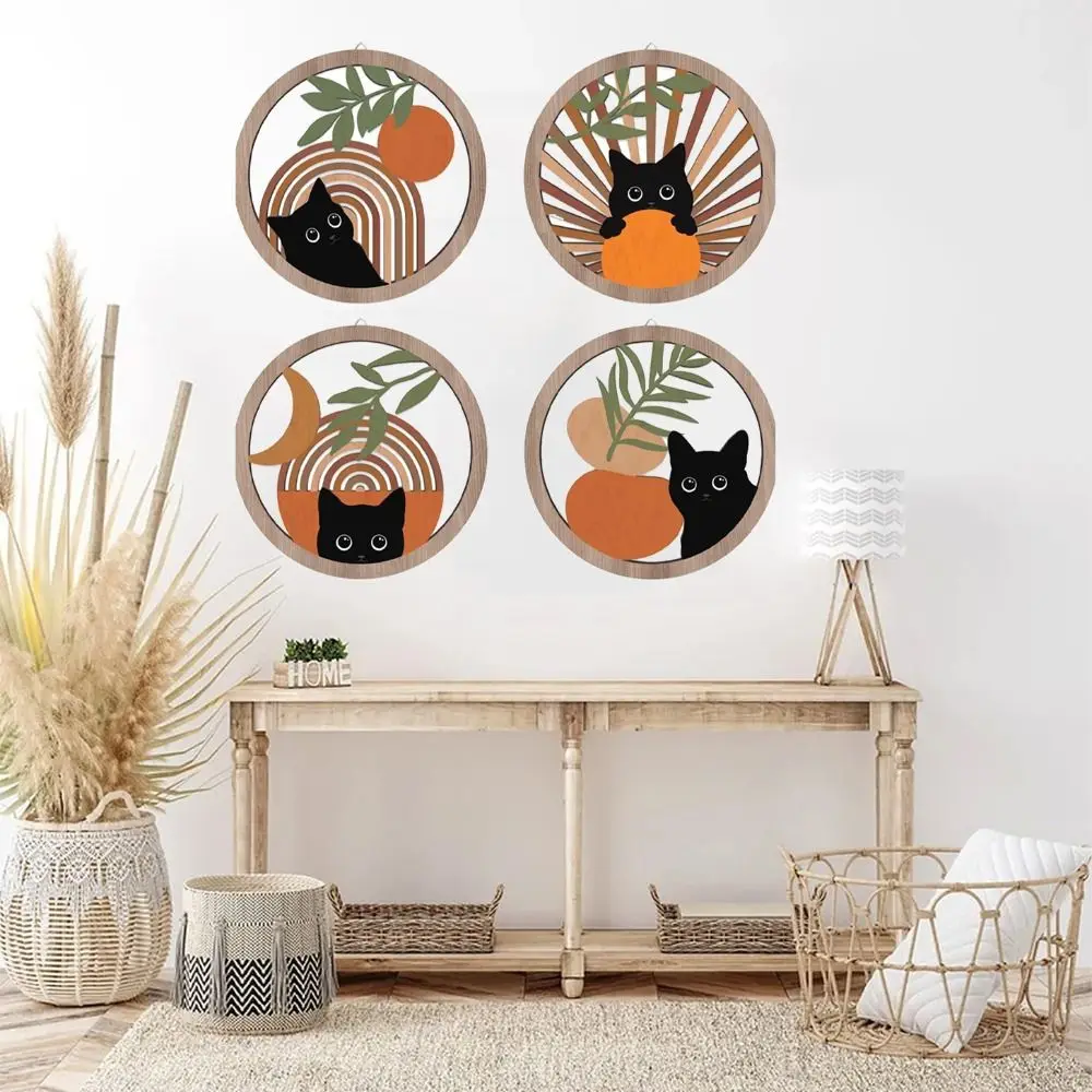 

4pcs Bohemian Style Wooden Black Cat Wall Decoration Cute Art Wall Hanging Creative Exquisite Background Pendant Gift