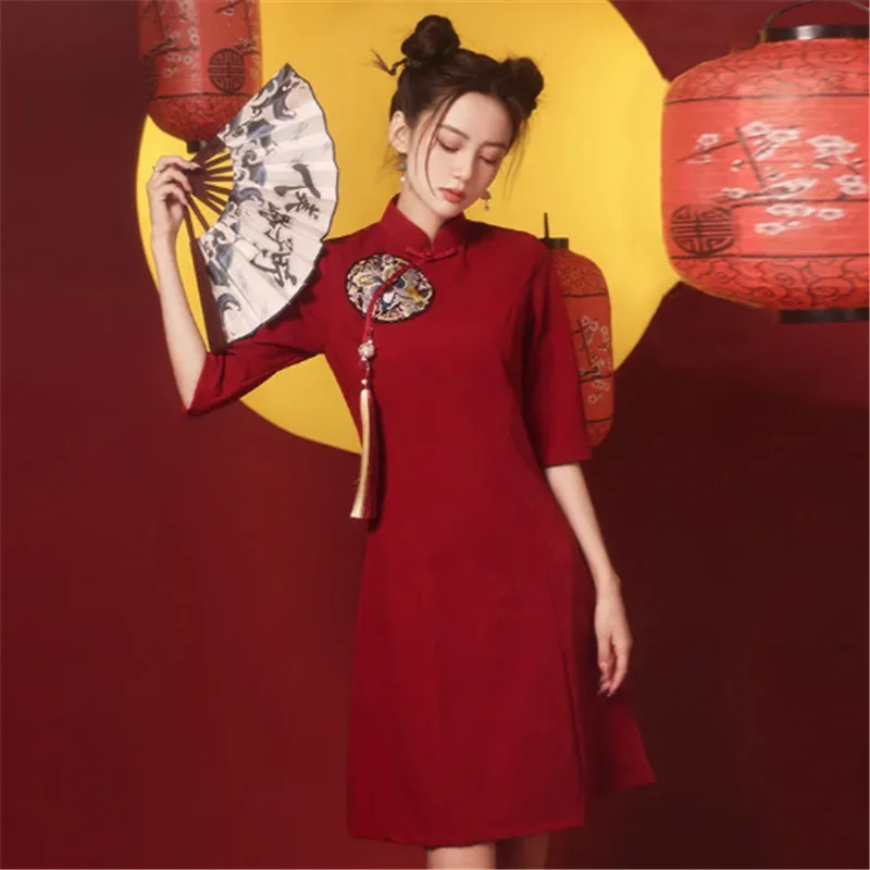 

Guochao Qipao Autumn 2023 Fashioned Maiden Dresses Bridal Toast Dress Red Dress Cheongsam Modern Chinese Dresses