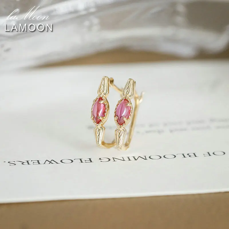 

LAMOON Synthetic Ruby Gemstone Hoop Earring For Women Court Style Elegant 925 Sterling Silver Gold Plated Fine Jewelry