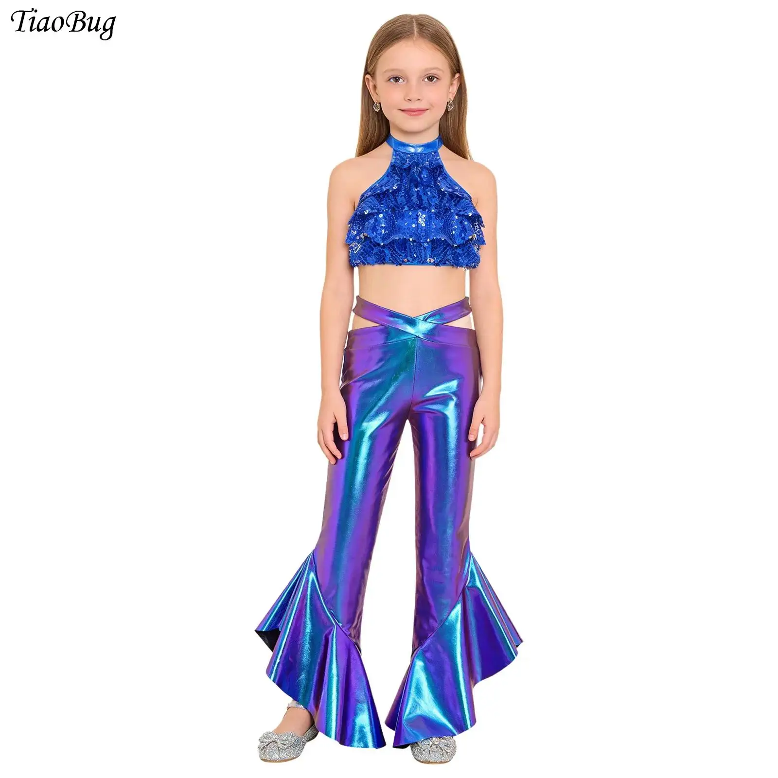 

Kid Girls Hip-hop Jazz Dance Outfit Shiny Sequin Tiered Backless Crop Top with Ruffle Flared Pants Carnival Disco Hippie Costume