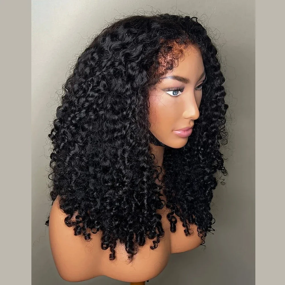 Soft 26Inch 180Density Natural Black Long Glueless Kinky Curly Deep Lace Front Wig For Women With Baby Hair Preplucked Daily