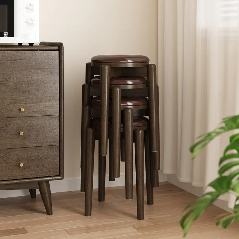 Solid Wood Round Stool Stackable Soft Cushioned Seat Comfortable Wooden Stool for Living Room Upholstered Bench Square Design