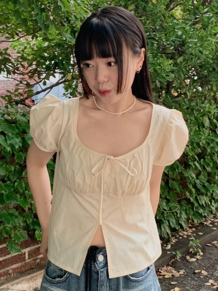 

Chic Summer ort Sve irt Women's Bow Tie Square Collar Patchwork Design Single Button Asymmetrical Hemline Sweet Sle