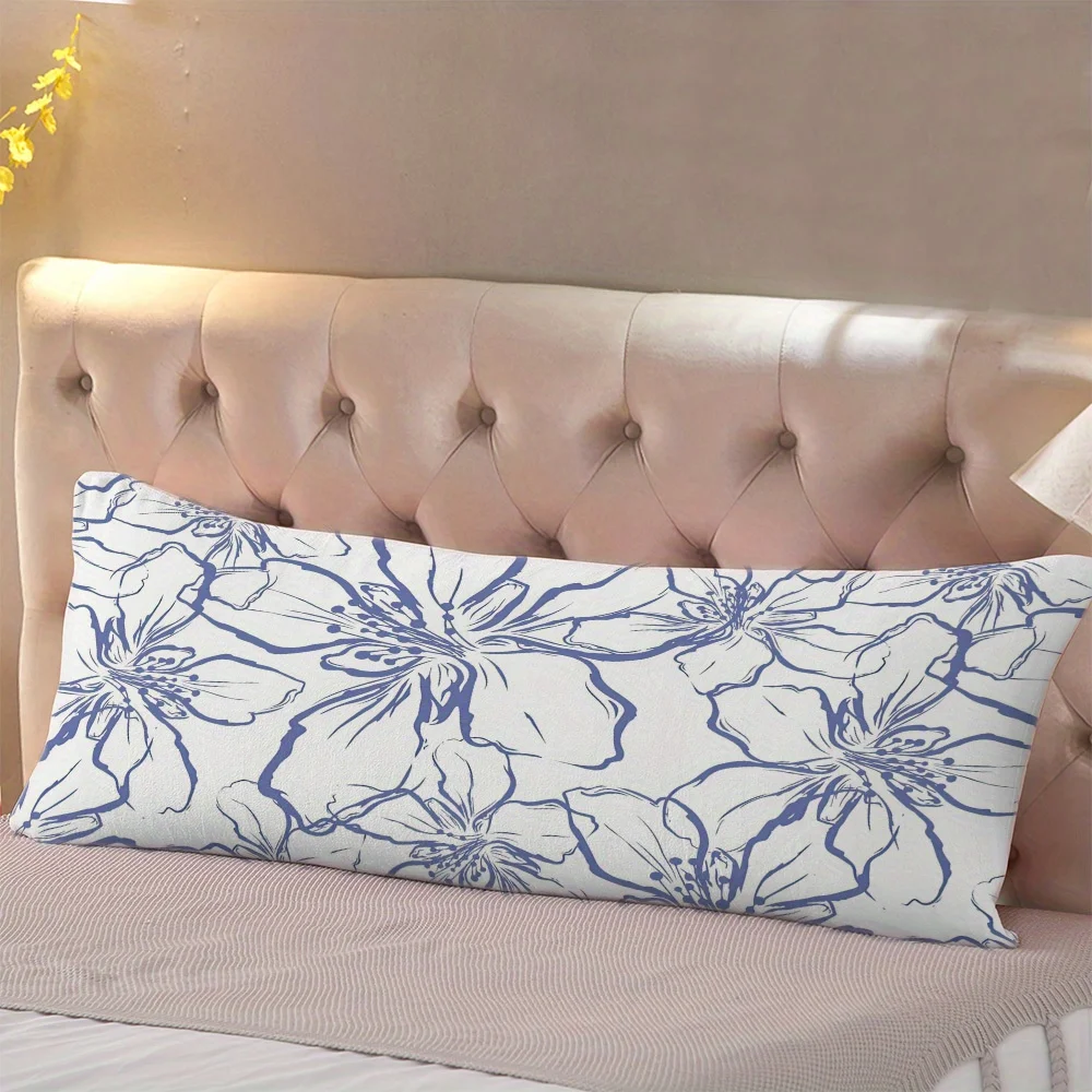 Reversible Floral Body Pillow Cover Contemporary Blue & White Polyester Zippered Closure  Machine Washable