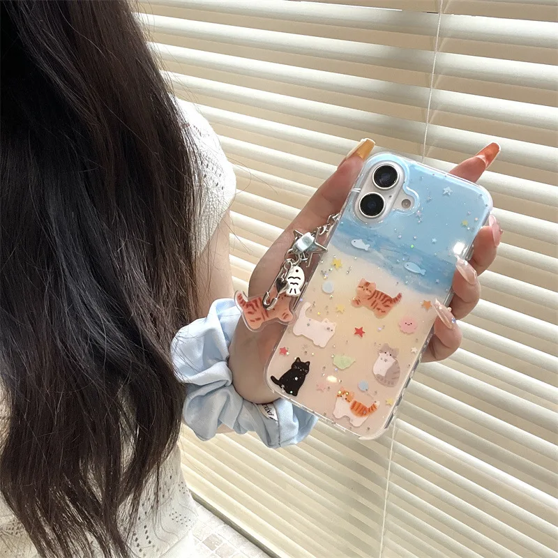 شاطئ أسود القط هريرة محارة الترتر بريق جراب هاتف آيفون 16 15 14 13 برو ماكس حافظة لطيف فاخر الكرتون غطاء مقاوم للصدمات