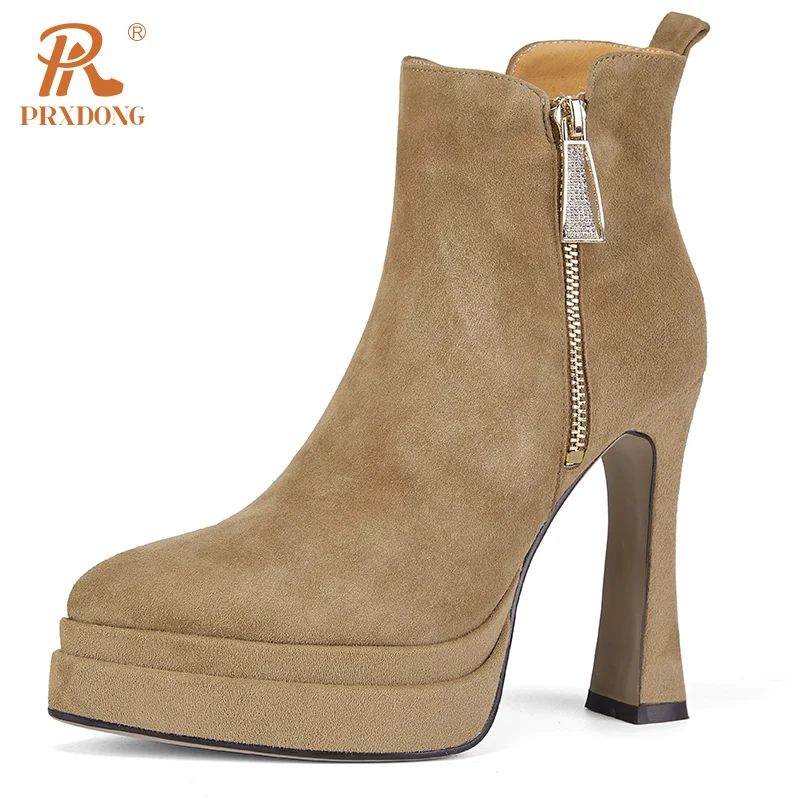 PRXDONG Genuine Leather Women's ANkle Boots Sexy High Heels Thick Platform Black Khaki Zipper Dress Party Office Lady Shoes 39