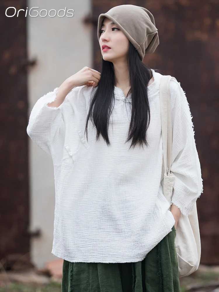 

OriGoods Oversized Blouse for Women 100% Cotton Batwing Sleeve Loose Shirt Chinese Style Vintage Japan Zen Oversize Tops B141