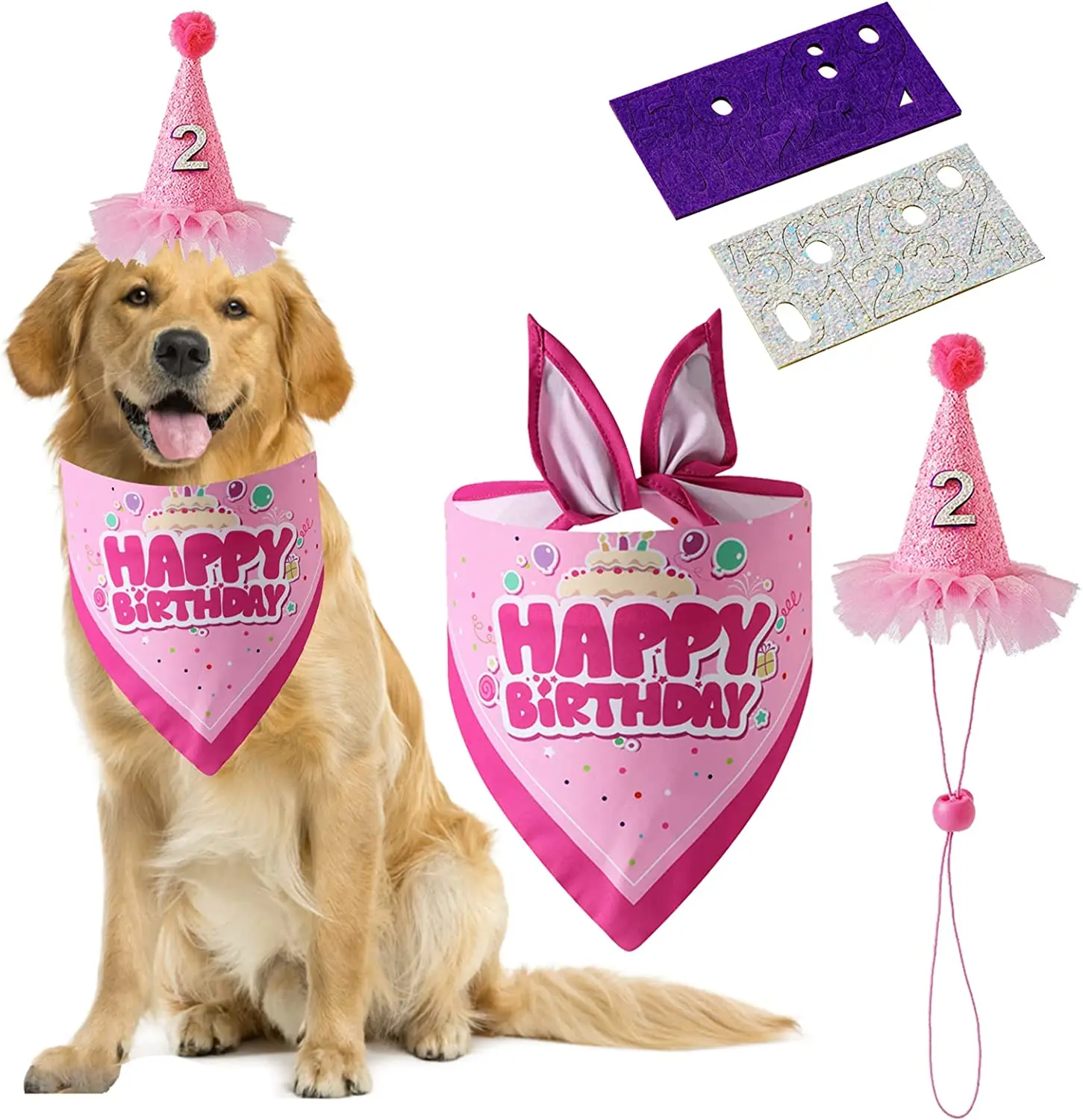 Dog Boy and Girl Birthday Bandana with Hats Reusable Foldable Pet Scarf  with Number for Small Medium Dogs Pet Accessories
