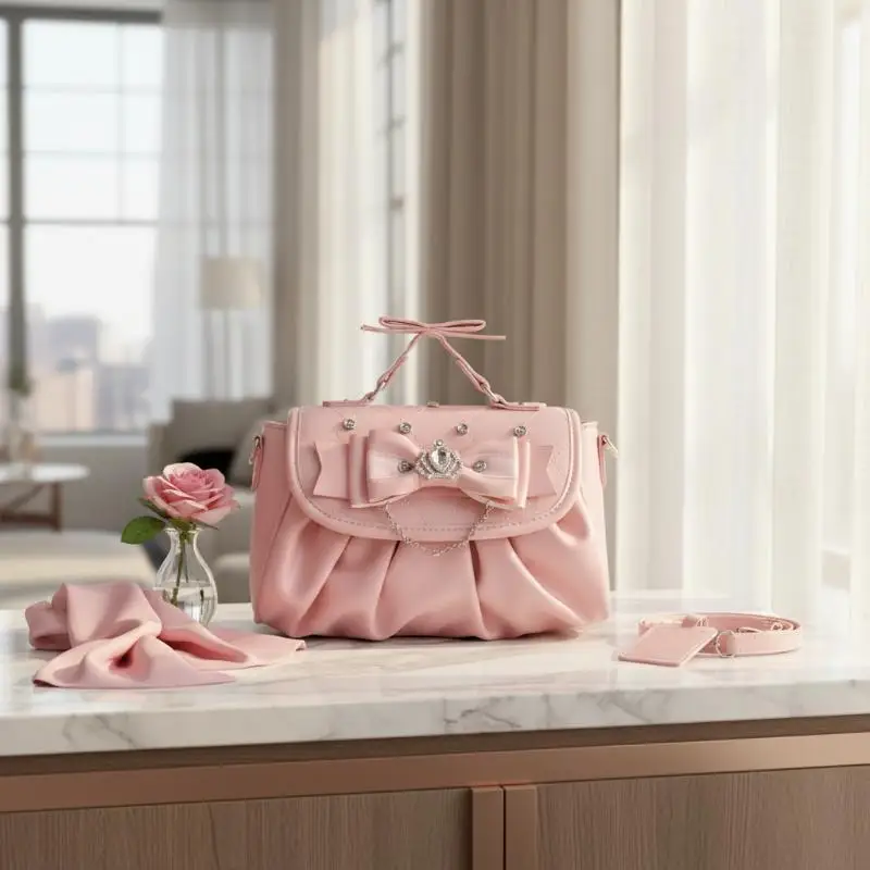 Elegante rosa Schleifen-Strass-Unterarmtasche, süße Lolita Plissee-Schultertasche, tragbare Handtasche mit Schleifengriff, niedliche Ita-Tasche – Detail 14