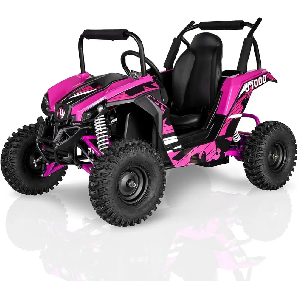 

Розовый электрический UTV 48 В для детей с гидравлическими амортизаторами, дисковыми тормозами, регулятором скорости для родителей, 3-скоростным, регулируемым сиденьем и 5-точечным Sa