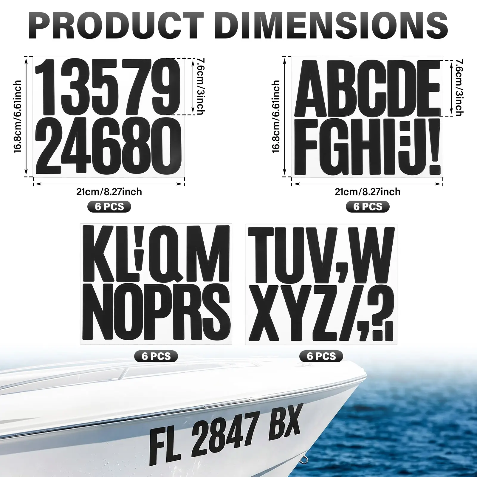 24PCS Boat Registration Number Letter Vinyl Decal Kit 3 Inch Fuel Resistant Black Boat Registration Sticker for Yacht Motorboat