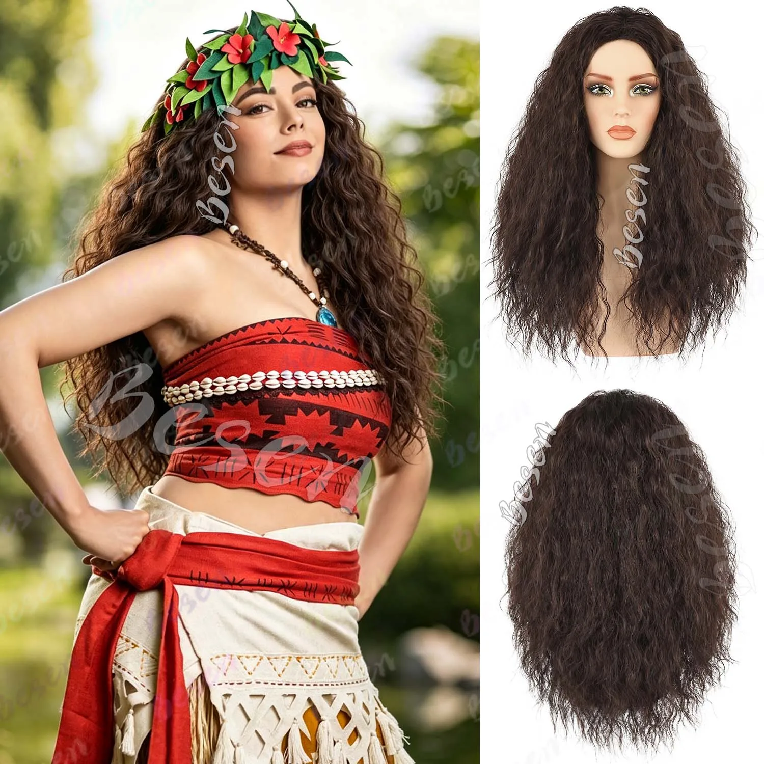 Synthetic Brown Long Curly Princess Moana Wig,Multi Colored Wigs,Ocean Romance Cosplay Wig for Movie Costume Party Halloween