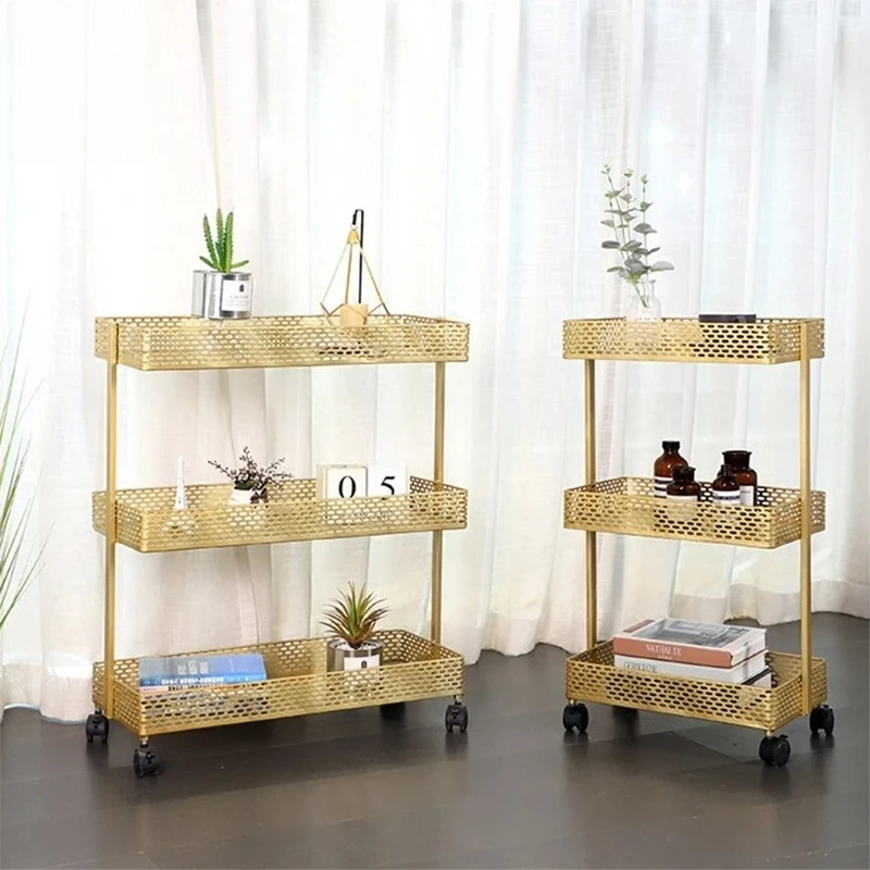 

Golden Iron 3 Layers Storage Cart with Wheels Rack Storage Basket Shelf Household Kitchen Bathroom Bedroom Living Room