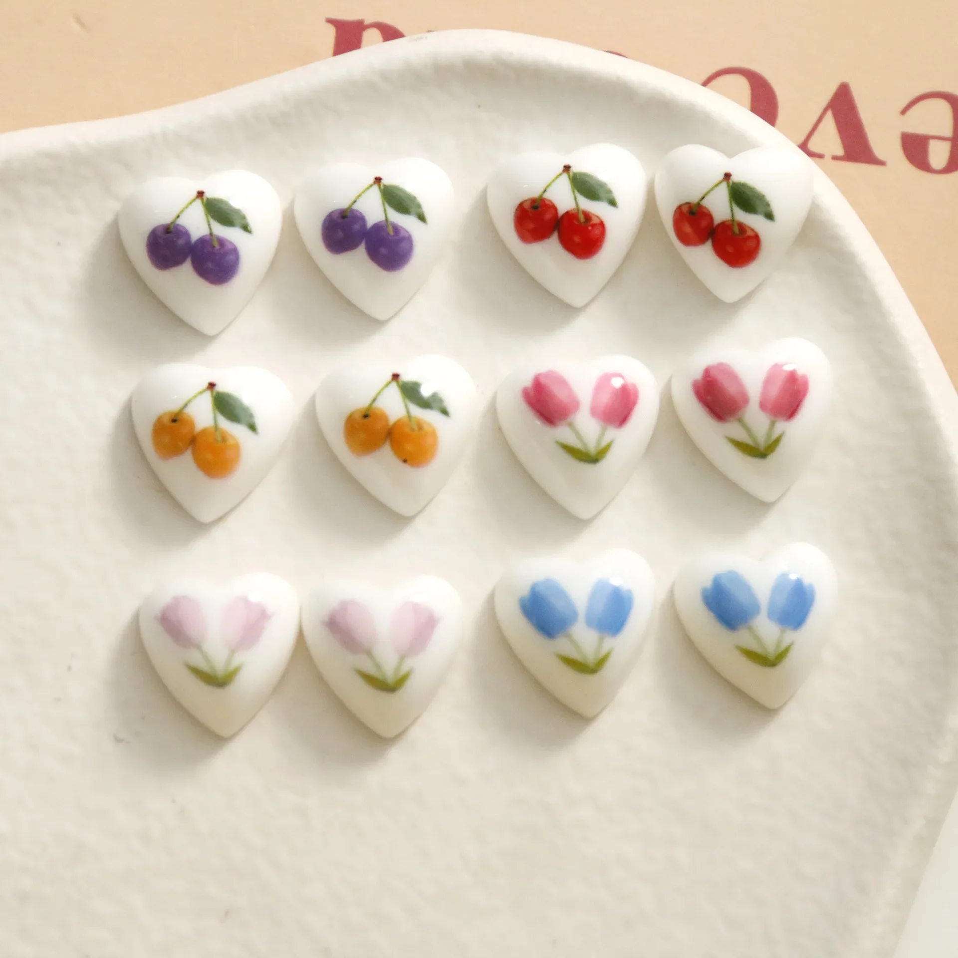 5pcs mini love printing fruit tulip peach heart Flat Back Cabochon For DIY Jewelry Making Accessories