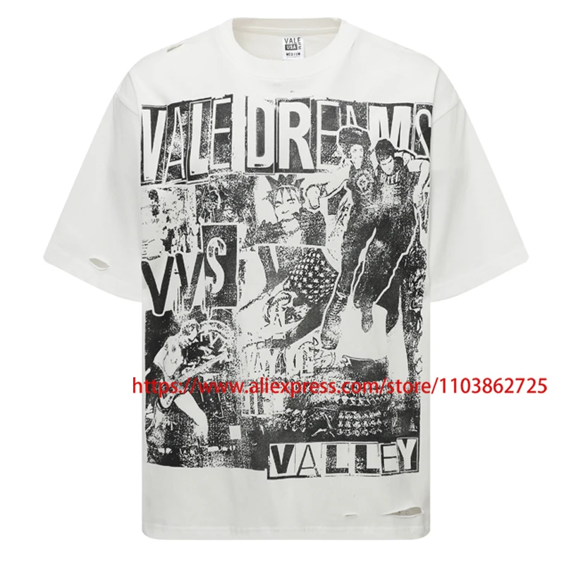 

Trend Street VALLEY T-shirt High Quality Letter Pattern Print Short Sleeves Ripped Hole Casual Round-neck VALE T Shirts Unisex