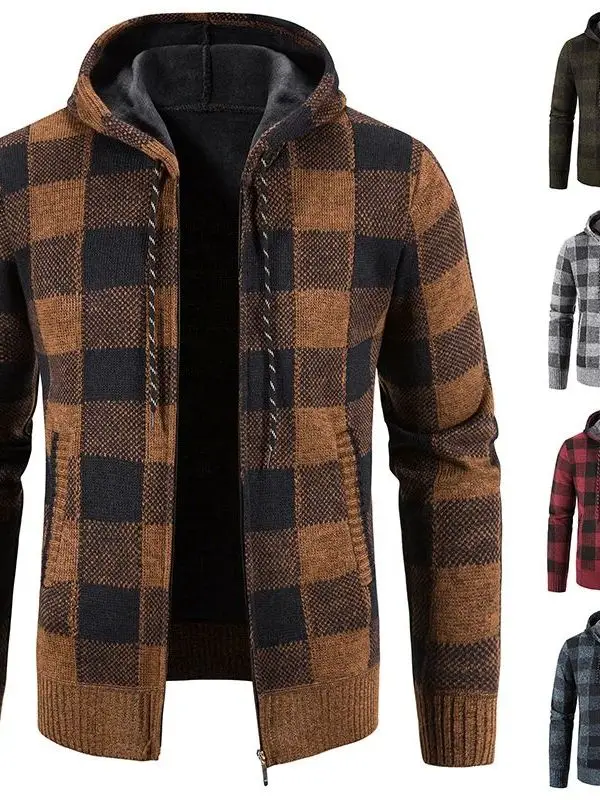 

Мужская клетчатая толстовка с капюшоном, осенне-зимняя повседневная кофта на флисовой подкладке с длинными рукавами, на молнии, из полиэстера, вязаная куртка