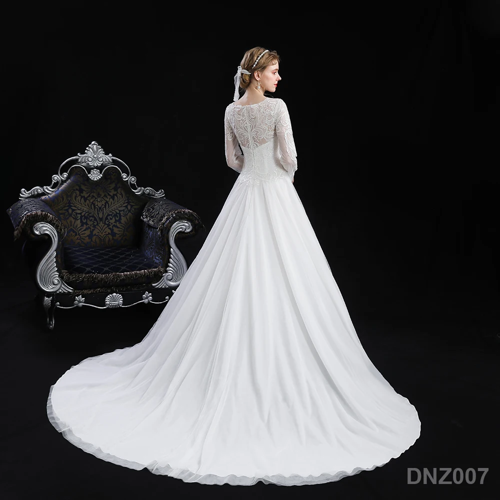 Luxury Royal Church White Lace Back Muslim a Line  Long Sleeve Civil Bridal Gown Wedding Dress