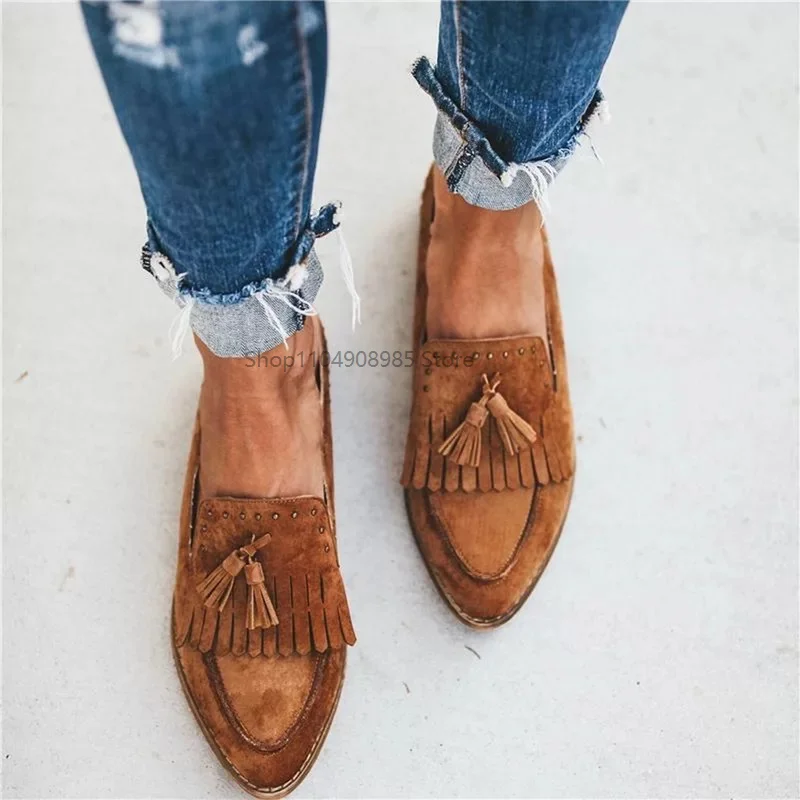 Vintage Women Fringe Tassel Flat Pointed Toe Casual Style Daily Walking Black Footwear Party Stage Performance Cosplay Shoes