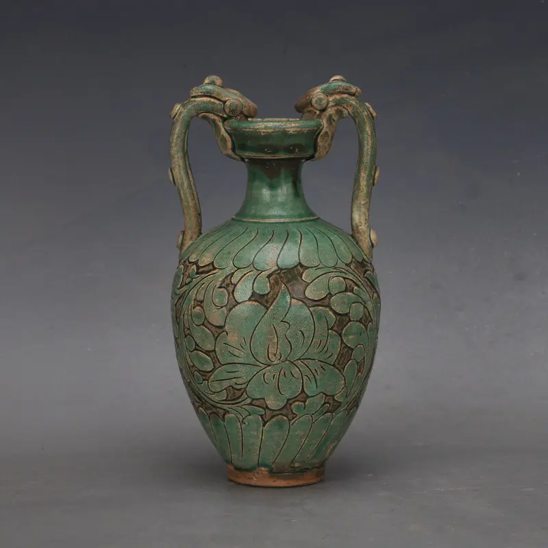 Song Dynasty Cizhou Ware Green Glaze Carved Double Dragon Zun Vase Replica Porcelain Collectible