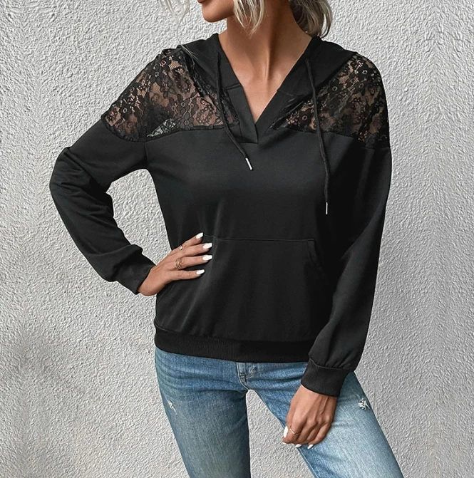 

Long Sleeved Women's Lace Patchwork Hooded Sweatshirt Pullover Tops 2025 Autumn Winter Spring New Fashion Casual