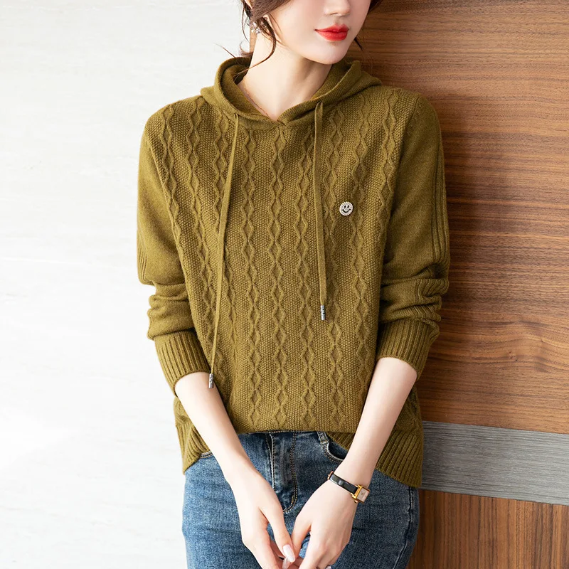 Thicken Hooded Sweater Women's Knitted Top Autumn Winter Fashionable Loose Pullover Woolen Pull Femme Knitwears Sweaters