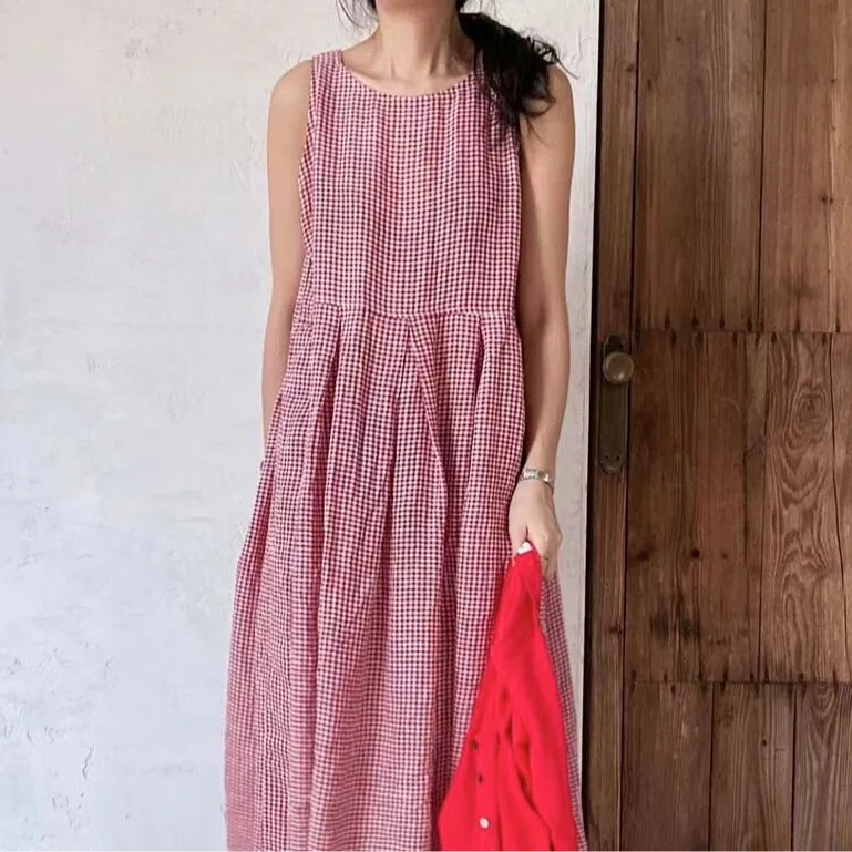 Summer round Ne Side Button Svel Plaid Dr Women's Faion Casual  Dr Cheered Pattern Spring Autumn Wear