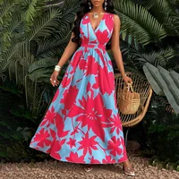 Vestido vintage sin mangas con cuello en V y contraste de colores, interpretación única del estampado, estilo elegante