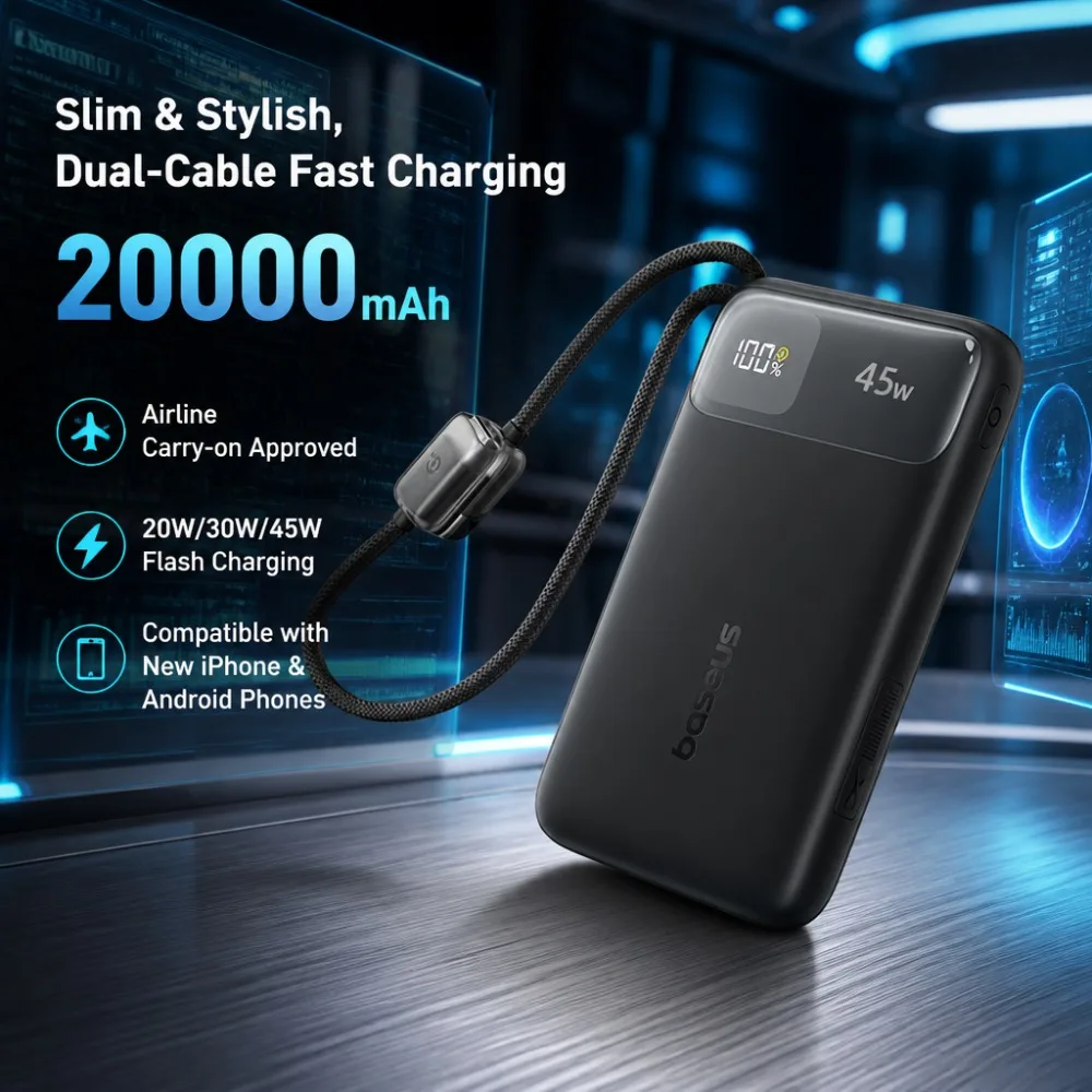 20000mAh 보조배터리 20W/30W/45W 고속 충전 내장 케이블 2개 3C 인증 항공사 승인 아이폰 안드로이드용