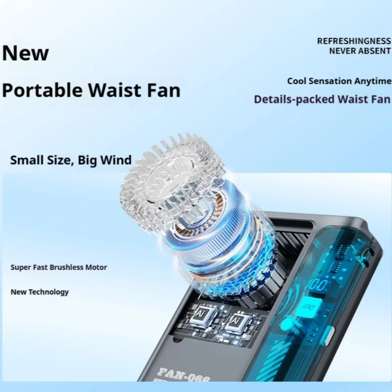 New Outdoor Hanging Waist Fan 4000mAh USB Multi-functional Mini Cooling Fan 5 Speed Digital Display Portable Rechargeable Fan