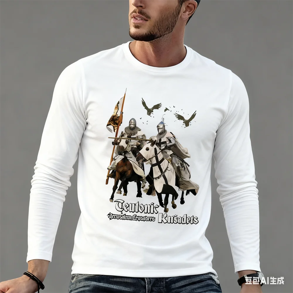 الصليبية تمبلار فرسان ثلاثية الأبعاد طباعة الرجال تي شيرت الربيع والخريف عادية س الرقبة فضفاض القمم موضة قميص قطني بكم طويل تي شيرت #2